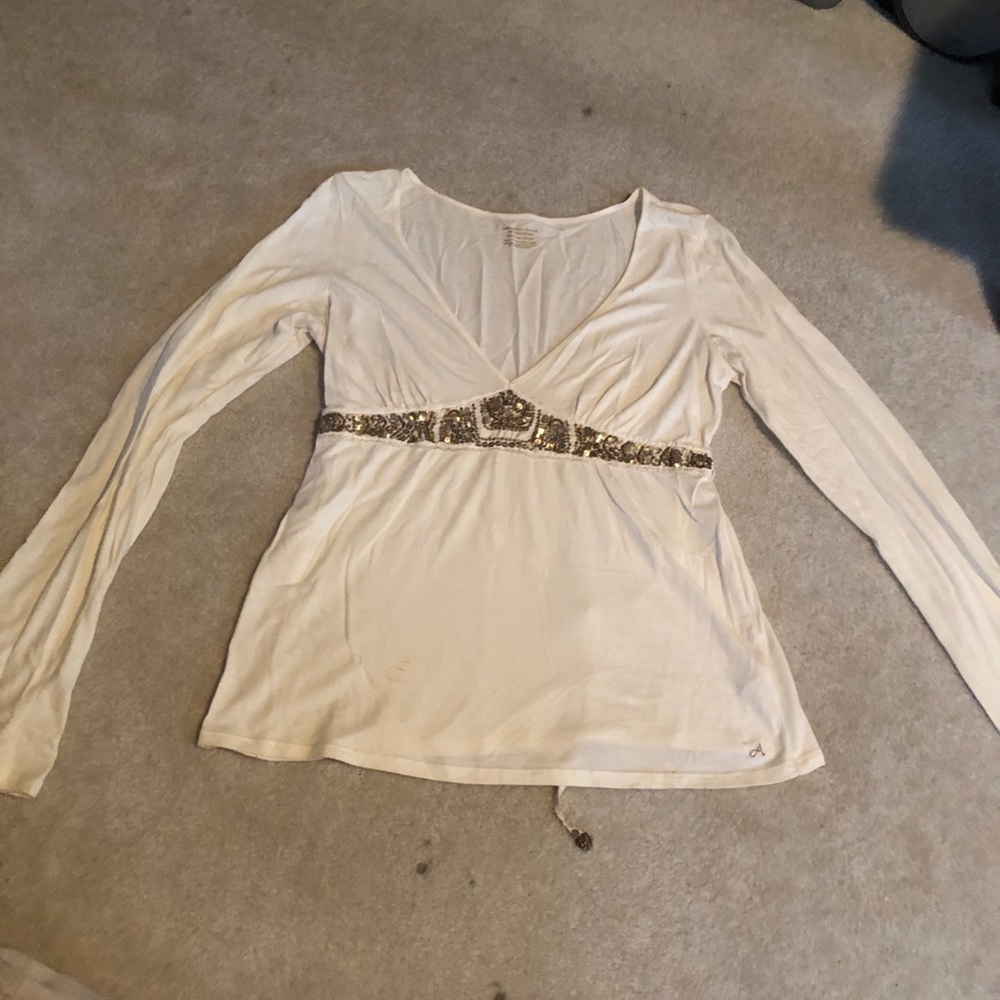 Embroidered, tie back, long sleeve shirt